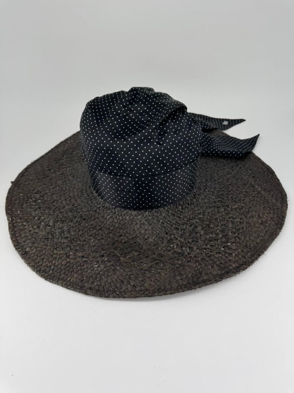 Lauren Ralph Lauren Wide Brim Straw Sun Hat Medium Black Polka Dot Scarf Bow 18"